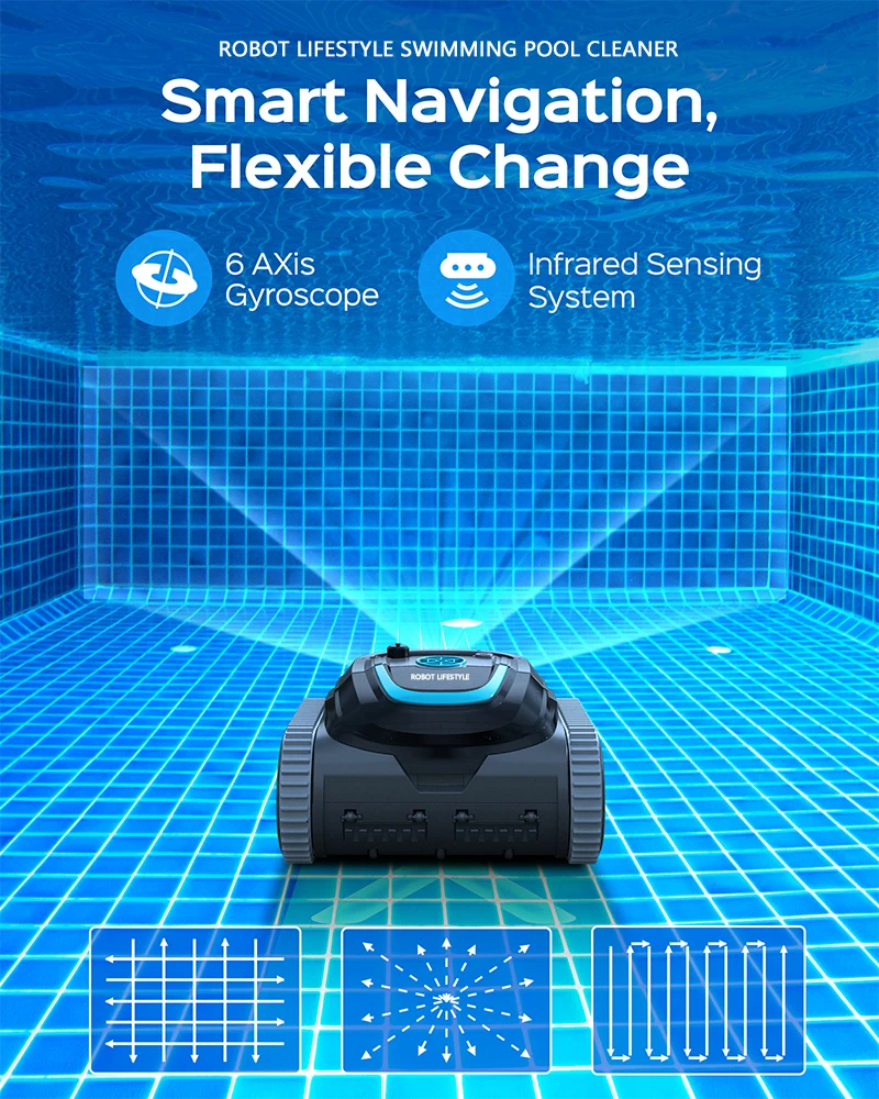 Robot Swimming Pool Cleaner Cordless APP Control Rechargeable Lithium Battery 6400mAh Route Planning for Tiles,PVC,Mosaic,Cement