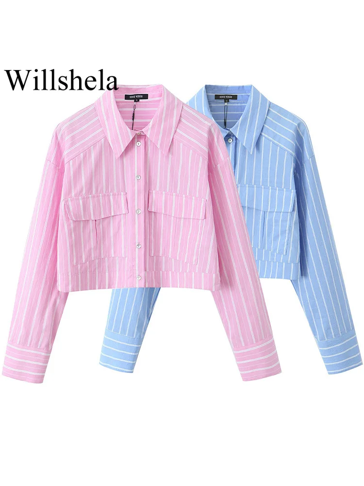 Willshela Women Fashion With Pockets Striped Single Breasted Blouse Vintage Lapel Neck Long Sleeves Female Chic Lady Shirts