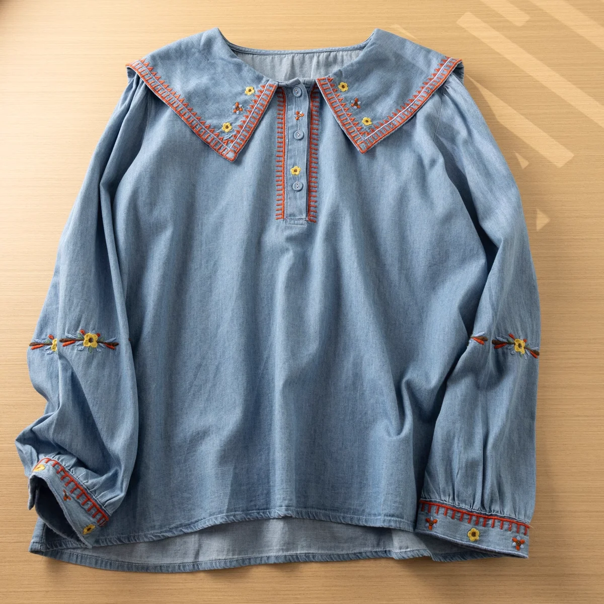 Women Flower Embroidery Blue Denim Kawaii Shirts Japanese Mori Girl Peter Pan Collar Long Sleeve Lolita Blouse Autumn Loose Tops