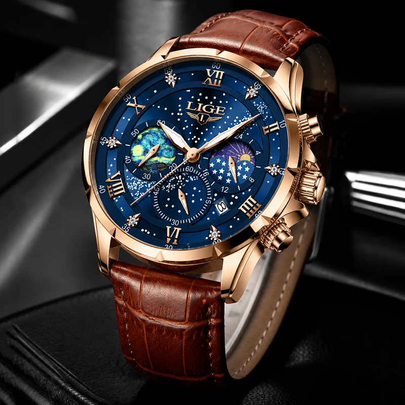 LIGE New Starry Sky Men's Watches Casual Moon Phase Chronograph Waterproof Watch for Men Fashion Leather Quartz Wristwatch Clock