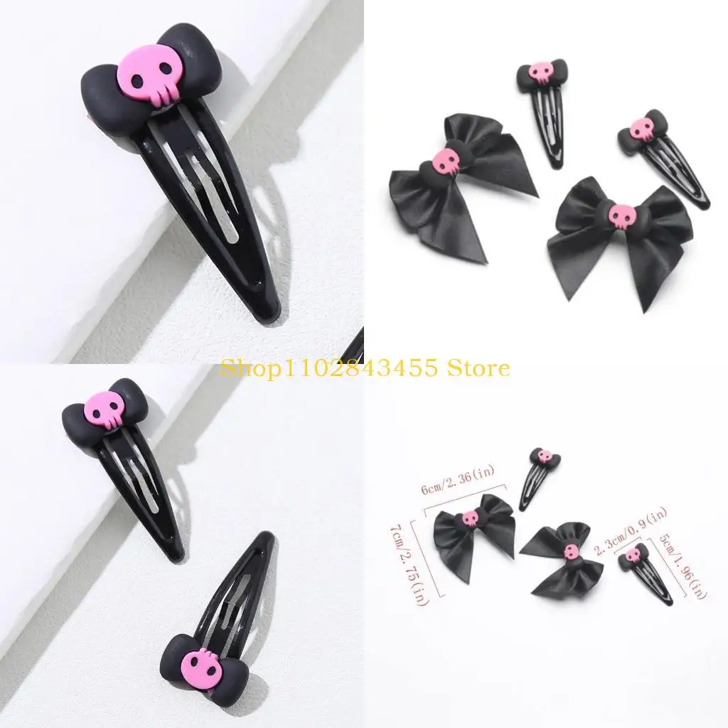 

49MC 4pieces Skull Bowknot Shape Hair Clip Spring Summer Headwear for Woman Girls Taking Photo Travel Non-Slip Hairpin