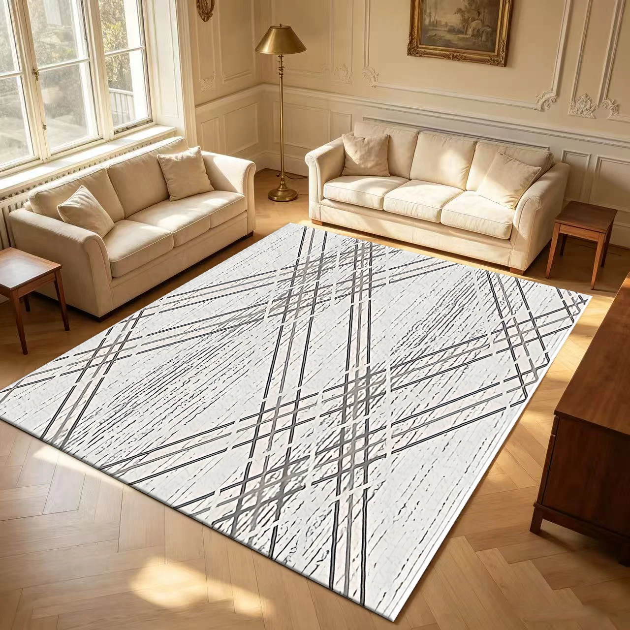Light White Grey Crisscross Diamond Plaid Carpet Flooring Modern Distressed Texture Large Area Rug for Apartment Home