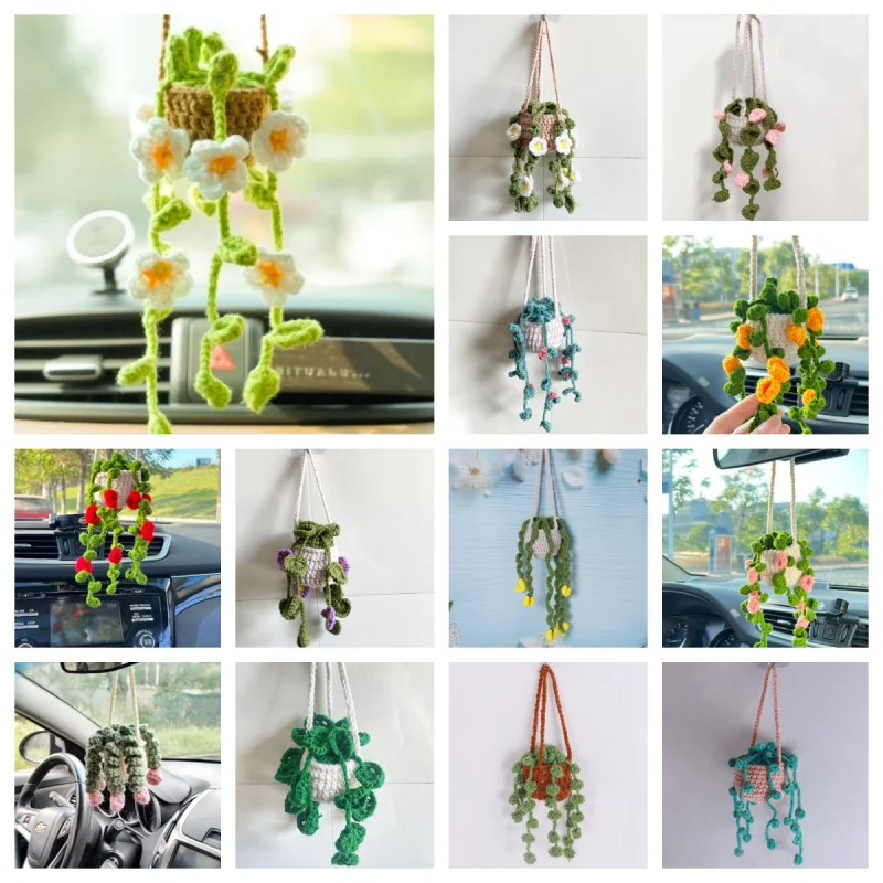 NEW Cute Potted Plants Crochet Car Basket,Hanging Flower Crochet  Car Decor,Car Ornament Rear View Mirror Hanging Accessories