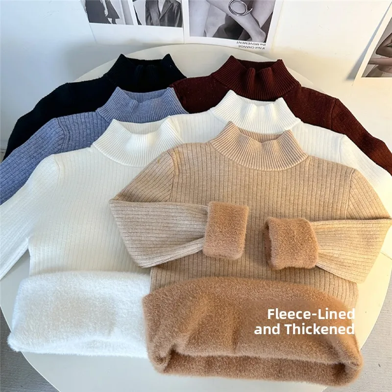 

Зима 202, женский длинный свитер Thiened Fce на подкладке, вязаный топ с высоким воротником, теплый свитшот, домашняя одежда