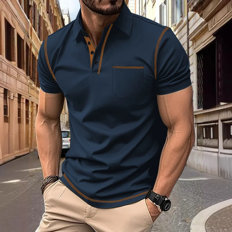 

2025 summer European and American men's short-sleeved POLO shirt lapel t-shirt top five-line