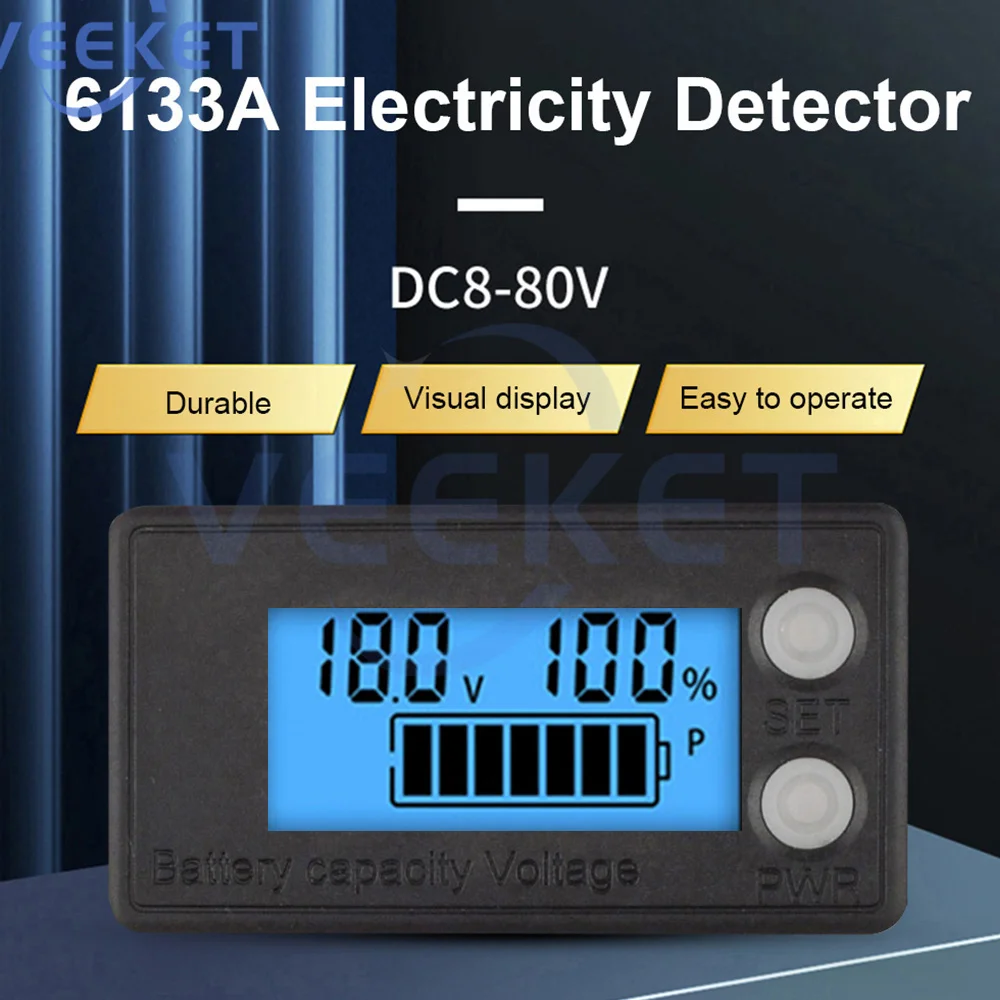 6133A Battery Monitor DC8-80V Digital Battery Capacity Tester Voltage Meter Gauge with LCD Display Battery Power Indicator