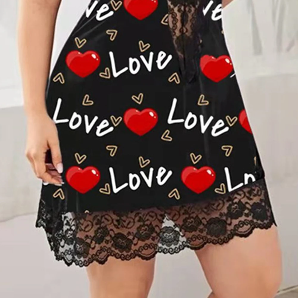 Plus Size XL-5XL Sexy Women\'s Slip Dress Summer Nightwear Sexy Imitation Silk Printed Suspender Lace Sexy Pajama Dress Nightgown