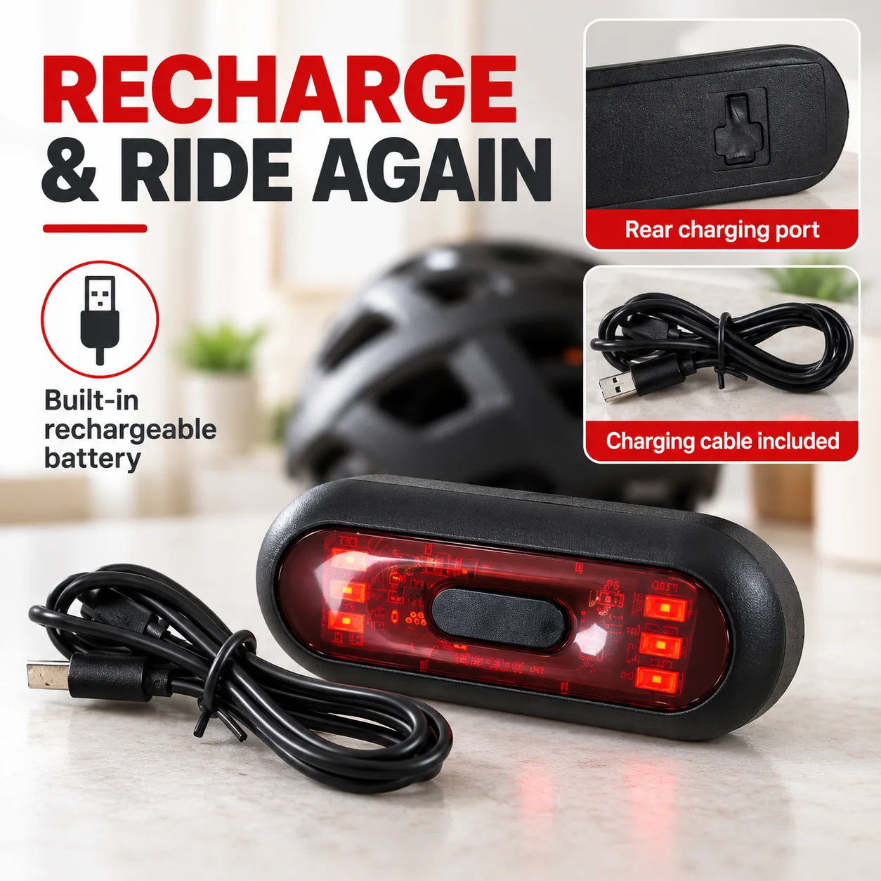 Bicycle Helmet LED Light, 16 LED Beads USB Rechargeable Safety Taillight for Cycling & Motorcycles, Bike Helmet Accessories gallery 4