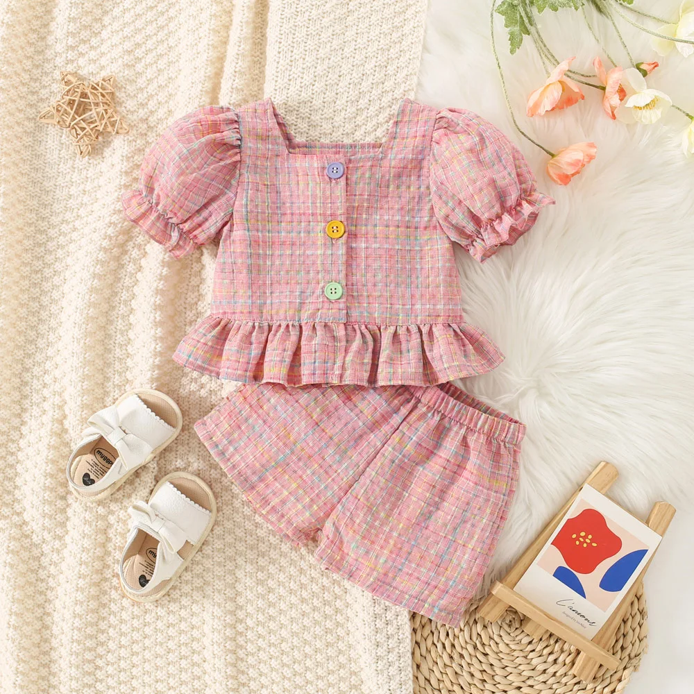 Summer New Baby Girls Two-Piece Set Bubble Sleeve Plaid Pattern Button Ruffle Lace Square Collar Sweet Casual Two-Piece Set