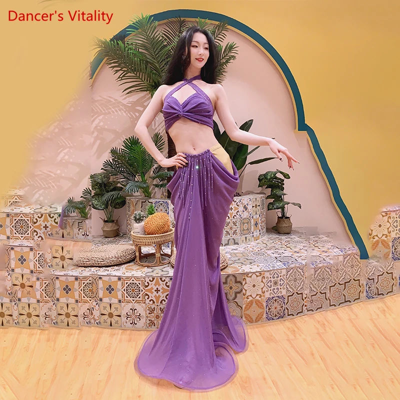 Belly Dance Practice เสื้อผ้าหญิง Oriental Dance Top + แขน + กระโปรงยาว3Pcs สำหรับสุภาพสตรีชุดเต้นรำ bellydance ชุด