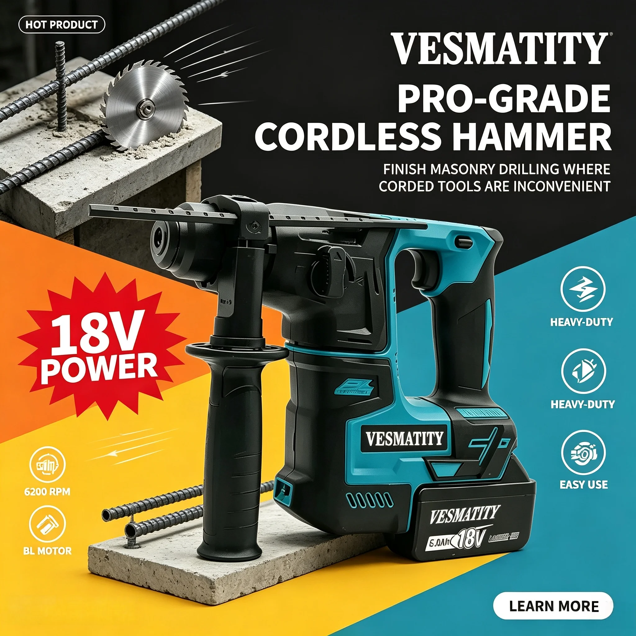 VESMATITY 18V Brushless Hammer Cordless Electric Hammer with Lithium Battery Wireless Drills 2026 18V Power Tools