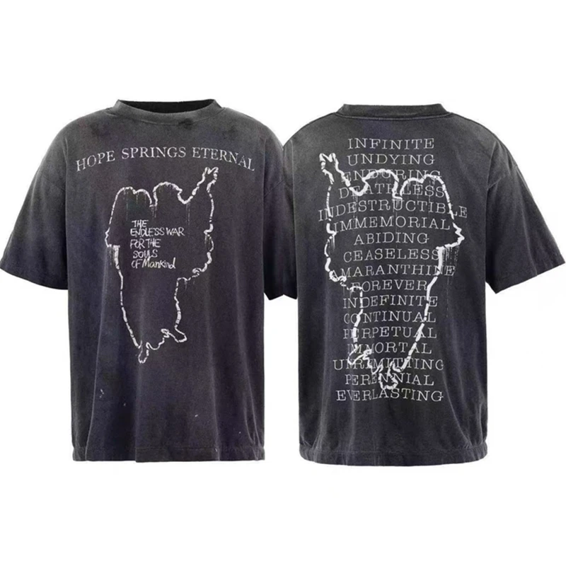 Saint Washed Retro Washed Faded Printed Short Sleeved T-Shirt T Shirt Men Women T-Shirt Top Tees