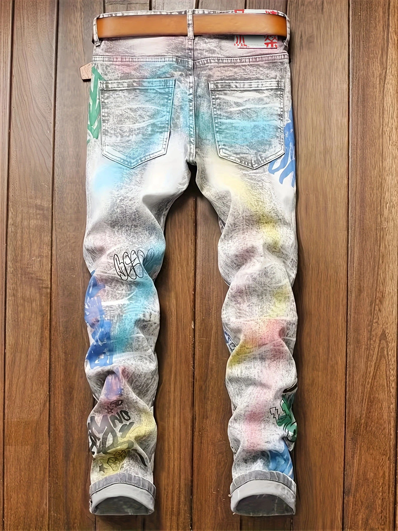 Men's graffiti slim fit jeans, fashionable streetwear, four season jeans