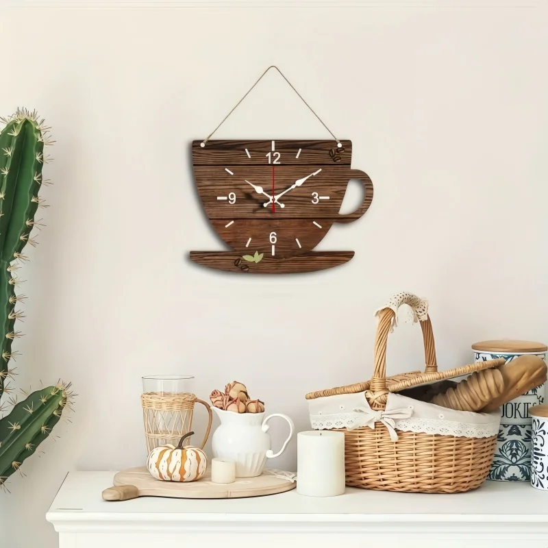 Coffee Cup Shape Wooden Clocks Modern Home Decor Silent Hanging Wall Clock Vintage Wood Grain Texture Art Plate Quartz Clocks