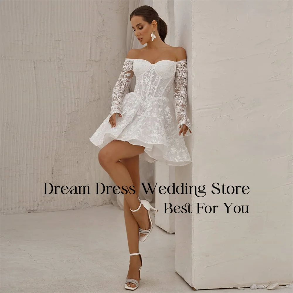 ชุดแต่งงานทรงเอไลน์แขนยาวผ้าลูกไม้ DREAM สำหรับผู้หญิง เปิดไหล่ ไร้สาย เปิดหลัง จับจีบ  แบบสั่งตัดได้