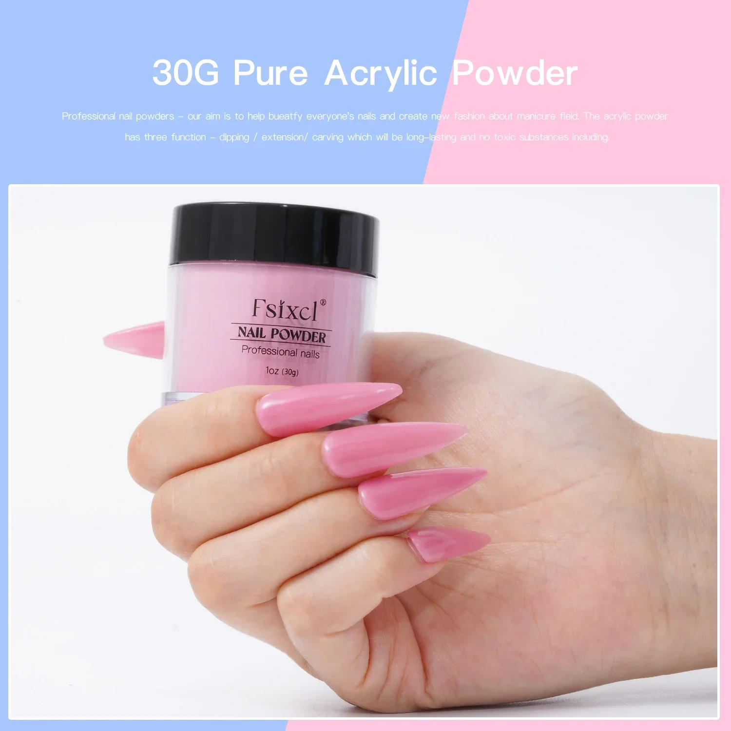 FSIXCL 1oz Pink Pure Dipping Acrylic Powder Nail Art DIY Design for Professional Manicure Extension 3 in 1 Functional Pigment