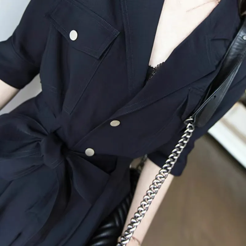 New Summer Women Casual Office Elegant Loose Short Wide Leg Jumpsuits Female Streetwear Solid Button Pocket Overalls Whit Belt