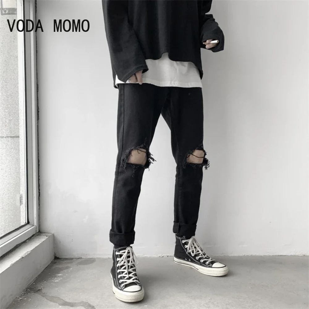 Mode Heren Cool Designer Zwart Gescheurde Skinny Jeans Vernietigd Verzwakte Slim Fit Denim Broek Rits Hop Hop Broek Gaten Voor Mannen