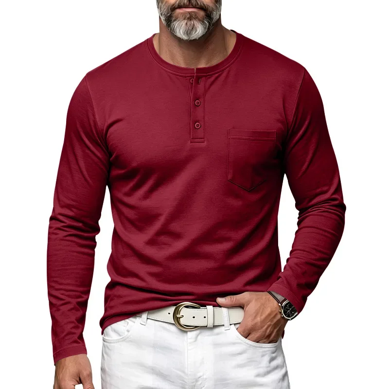 2026 Men's Henry Neck Long Sleeve Bottom T-Shirt, Half Button Chest Pocket Multi-Color Casual Top