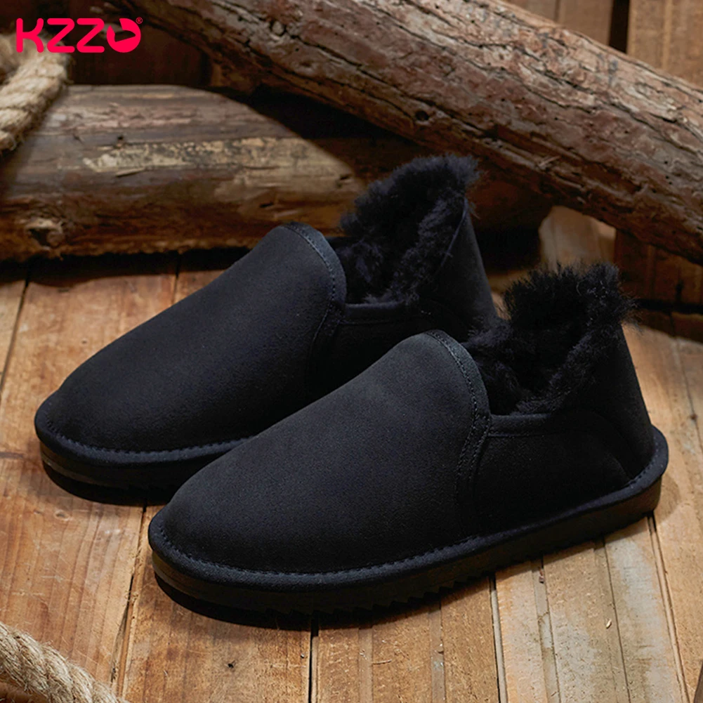 KZZO Sheepskin Suede Leather Men\'s Slip-On Boots Sheep Wool Fur Lined Winter Short Ankle Snow Boots  Waterproof Casual Shoes