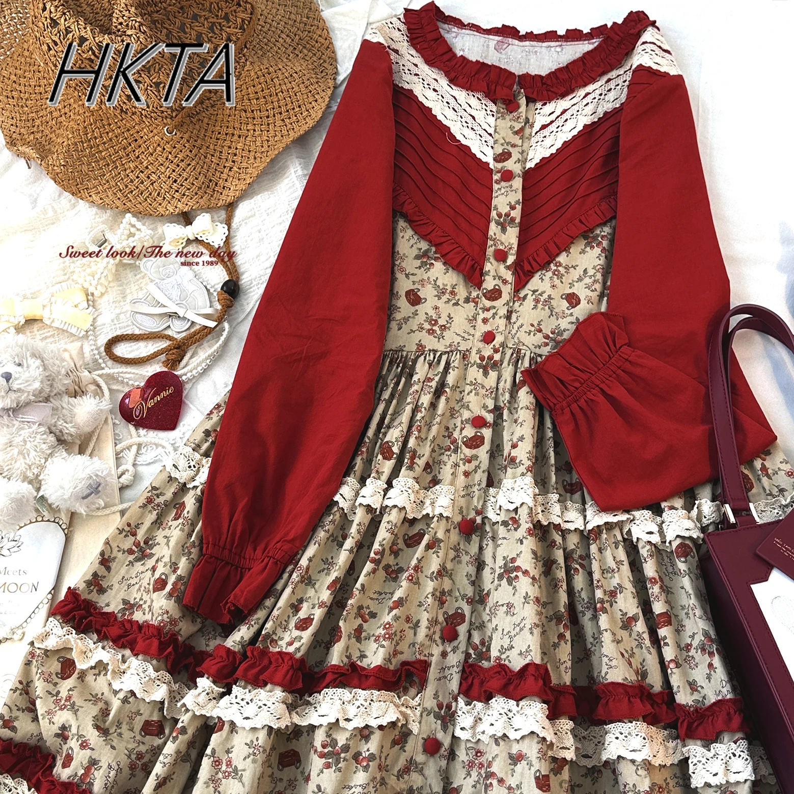 

Japanese Dress Spring Summer Cute Sweet Lolita Printed Cotton Long Sleeve Maxi Dresses Vintage Loose Casual Elegant Dress Women