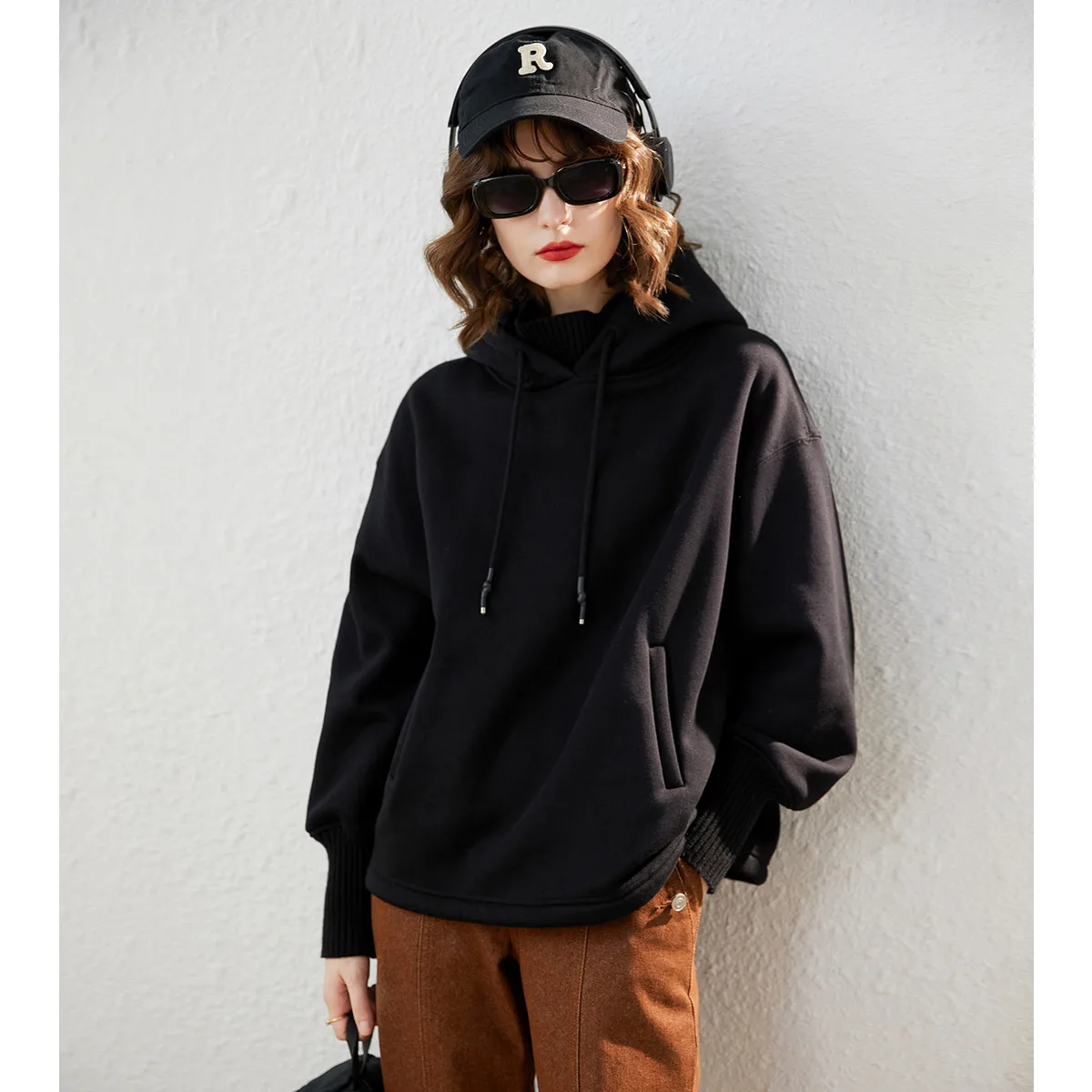 LOUIS YAO 2024 Winter Plus Velvet Thick Hoodie Fashion Casual Solid Color Loose Long Sleeve Women's Hoodie