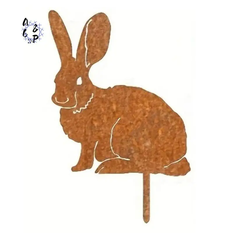 A68P-Rustic Metal Rabbits Garden Stake - Rusty Bunny Silhouette, Outdoor Yard Art For Farmhouse Decor, Perfect For Easter