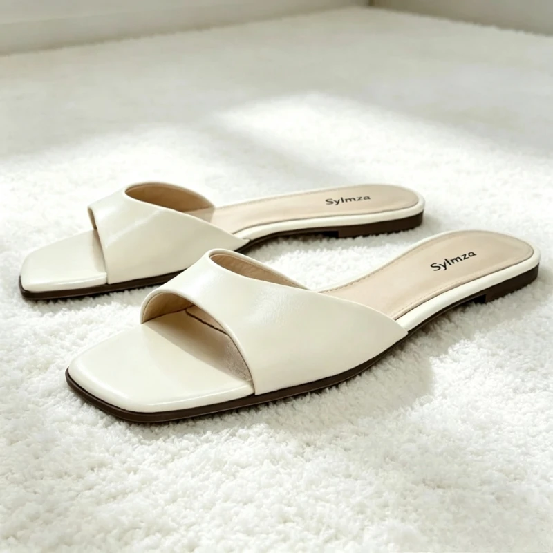 Fashion Front-strap Square-toe Sandals Women Comfortable Soft Leather PU Slippers for Ladies Low Heels Sexy Open-Toe Beach Shoes