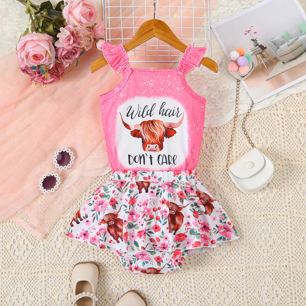 

2-piece baby girl fashion denim printed pleated lace camisole triangle jumpsuit and denim full print skirt pants set suitable fo