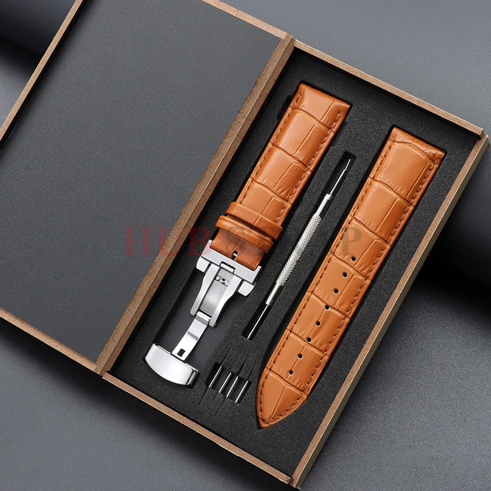 14 mm, 16 mm, 18 mm, 19 mm, 20 mm, 21 mm, 22 mm, 24 mm, Lederarmband, Business-Universal-Uhrenarmband, Edelstahl-Schmetterlingsverschlussband mit Box