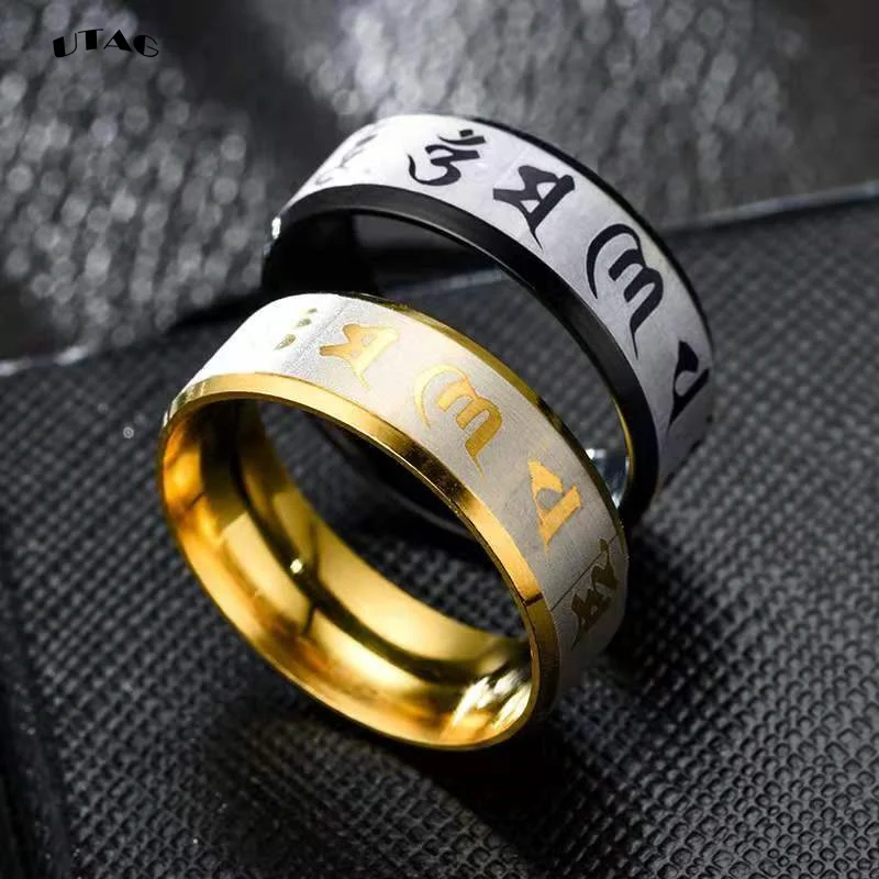 UTAG Vintage Rings For Men  Tibetan Six Words Mantra Rings Om Mani Padme Hum Buddhist Jewelry