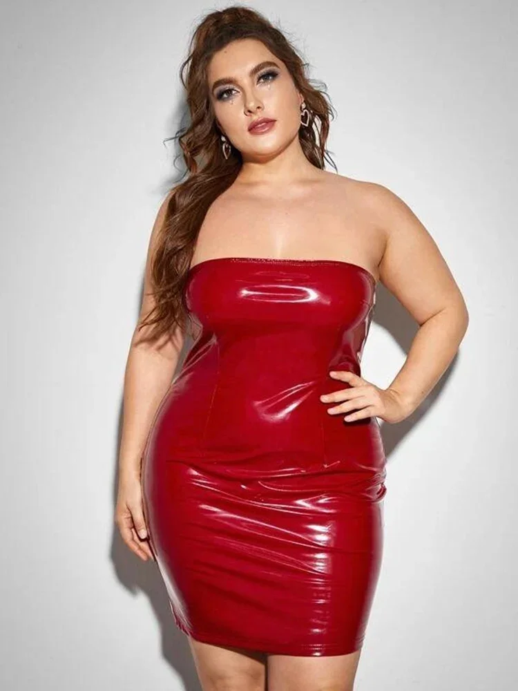 Plus Size Mulheres Vestido Sem Alças Sexy Falso Látex Backless Stretch Bodycon Mini Vestido 6XL Brilhante Vestido De Couro De Patente 7XL Clubwear