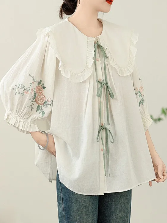 

Summer 2025 New Japanese Sle Fre Forest Girl Embroidered Lantern Sve Loose Cotton Linen White irt Sweet Sle Seven ...