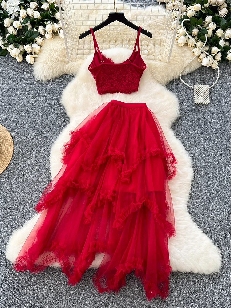 Women's Red Two Piece Sets Vintage Sleeveless Lace Crop Top with A-Line Mini Skirt Vintage Y2k Skirt Sets Outfit 2000s Clothes