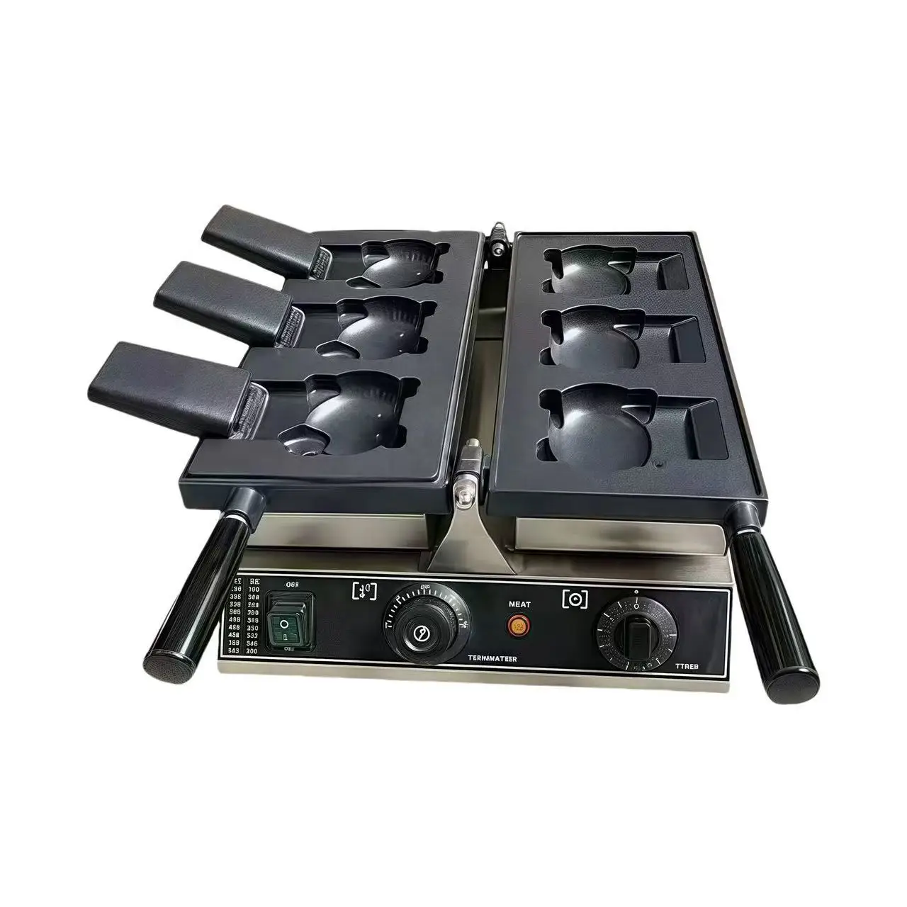 1800W 전기 3피스 와플 기계 - 귀여운 키티 만화 고양이 모양, 입 열기, 타이야키 및 아이스크림 메이커