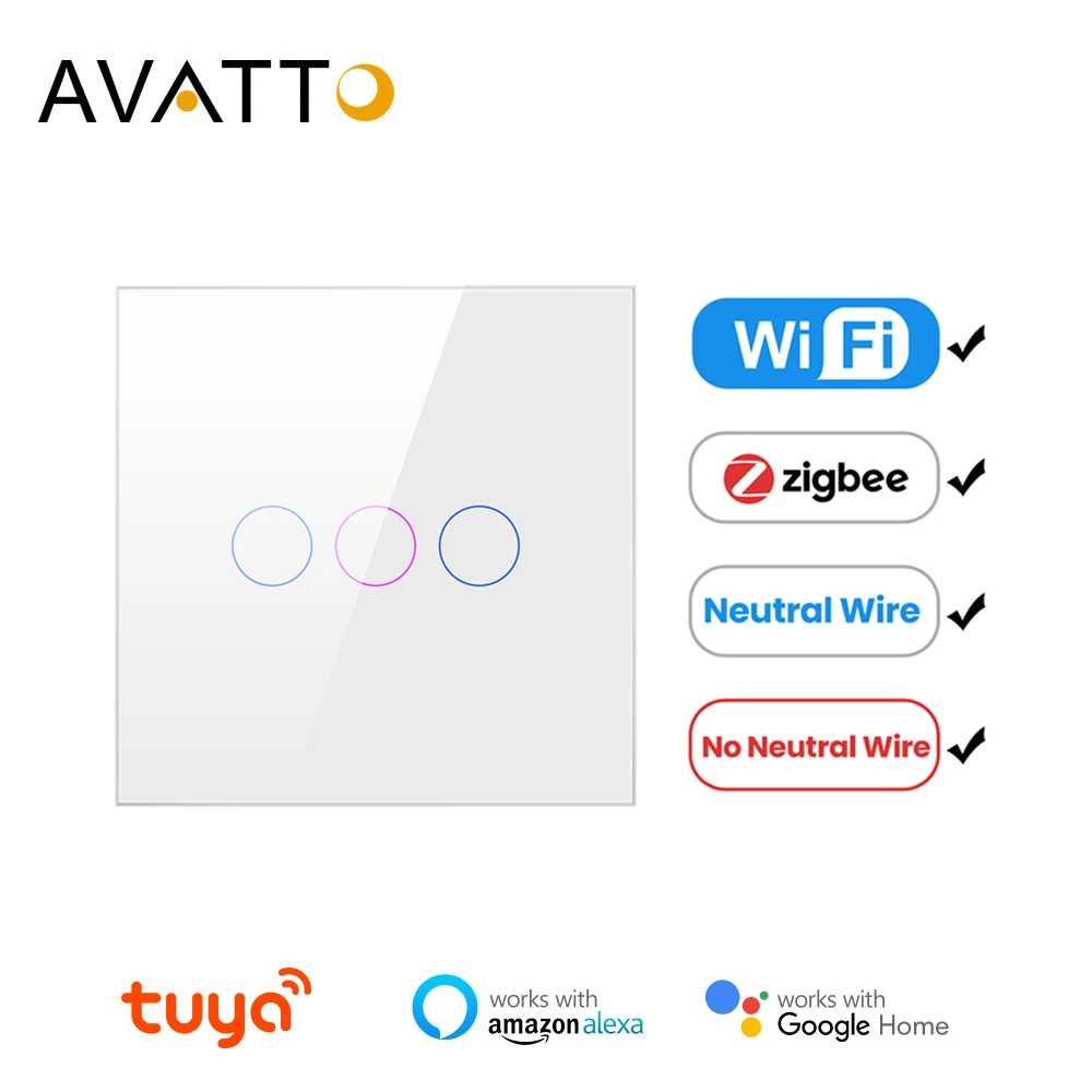 AVATTO-interruptor de luz inteligente Tuya Zigbee, estándar europeo con/sin cable neutro, Interruptor táctil, funciona con Alexa, Google Home, Alice