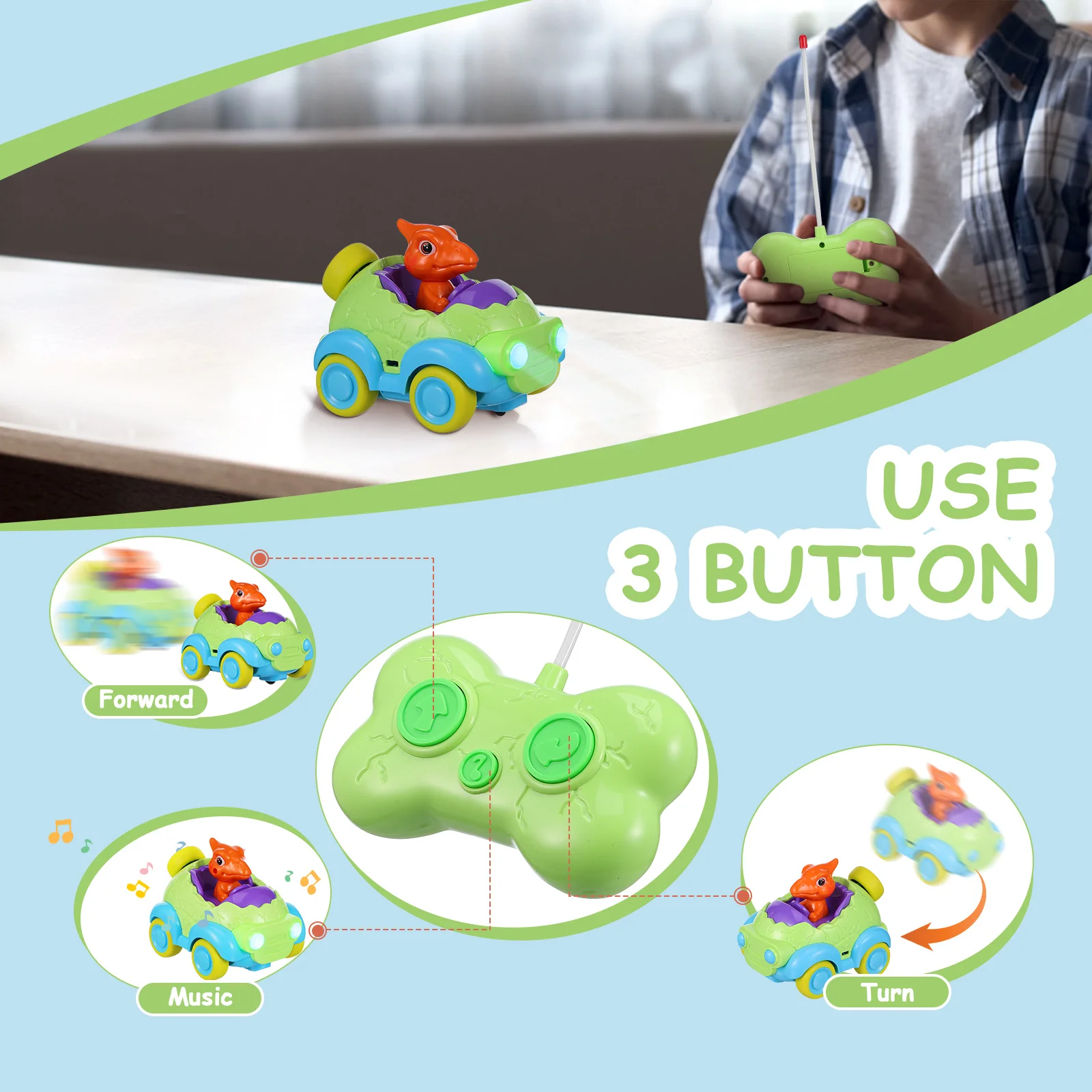 Zdalnie Sterowany Samochód Dinozaur Wyścigowy dla Dzieci ze Światłami Dźwiękami Kreskówkowy Design Zwierzęcy Wytrzymały Samochód RC dla Maluchów Prezent na Święta