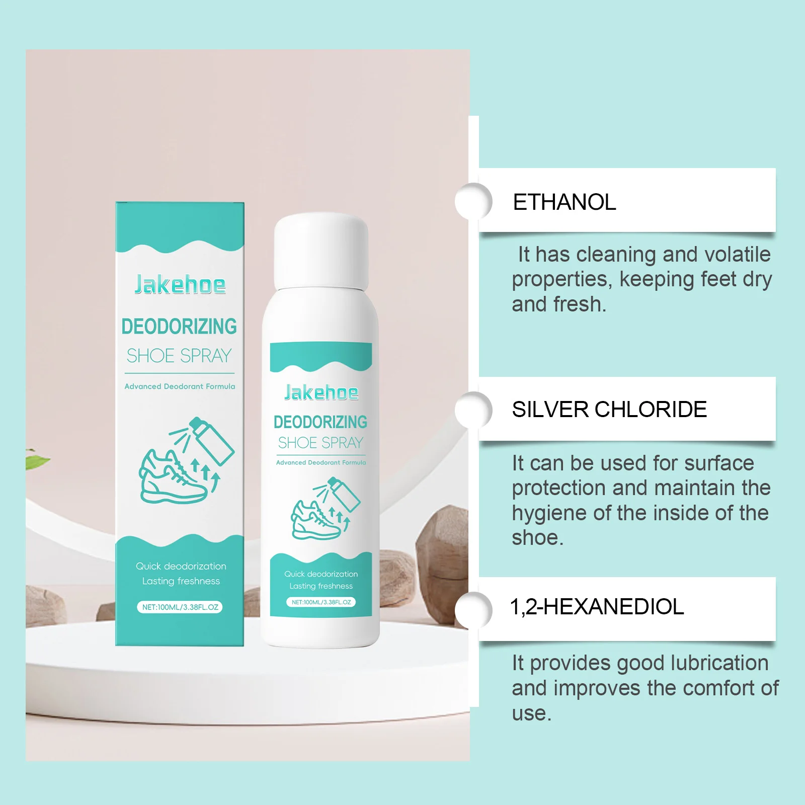 JAKEHOE 100ml Deodorizing Shoe Socks Spray Quickly Dry & Refresh Long-lasting Suppress Odors Portable Design Used at Home Office