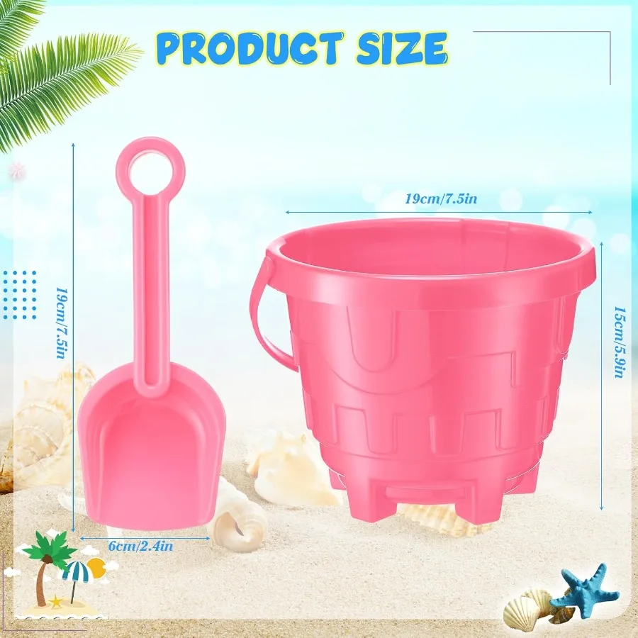 Paquet de 24 seaux de sable de 7.5 pouces en vrac pour enfants, seaux de plage en plastique avec pelles, moule de château de plage amusant, jouets de sable pour piscine d'été