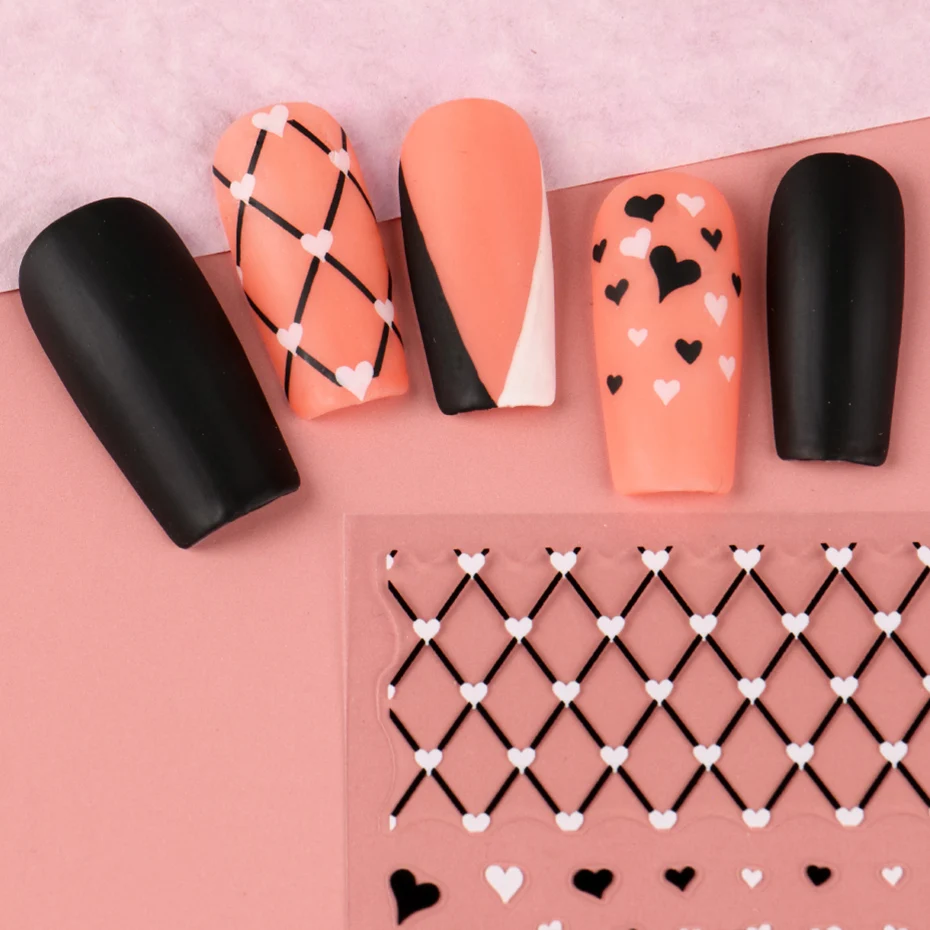 ملصقات أظافر على شكل قلب أسود وأبيض لتزيين فن الأظافر، تصميم لامع على شكل قلب ونجمة لجماليات الأظافر