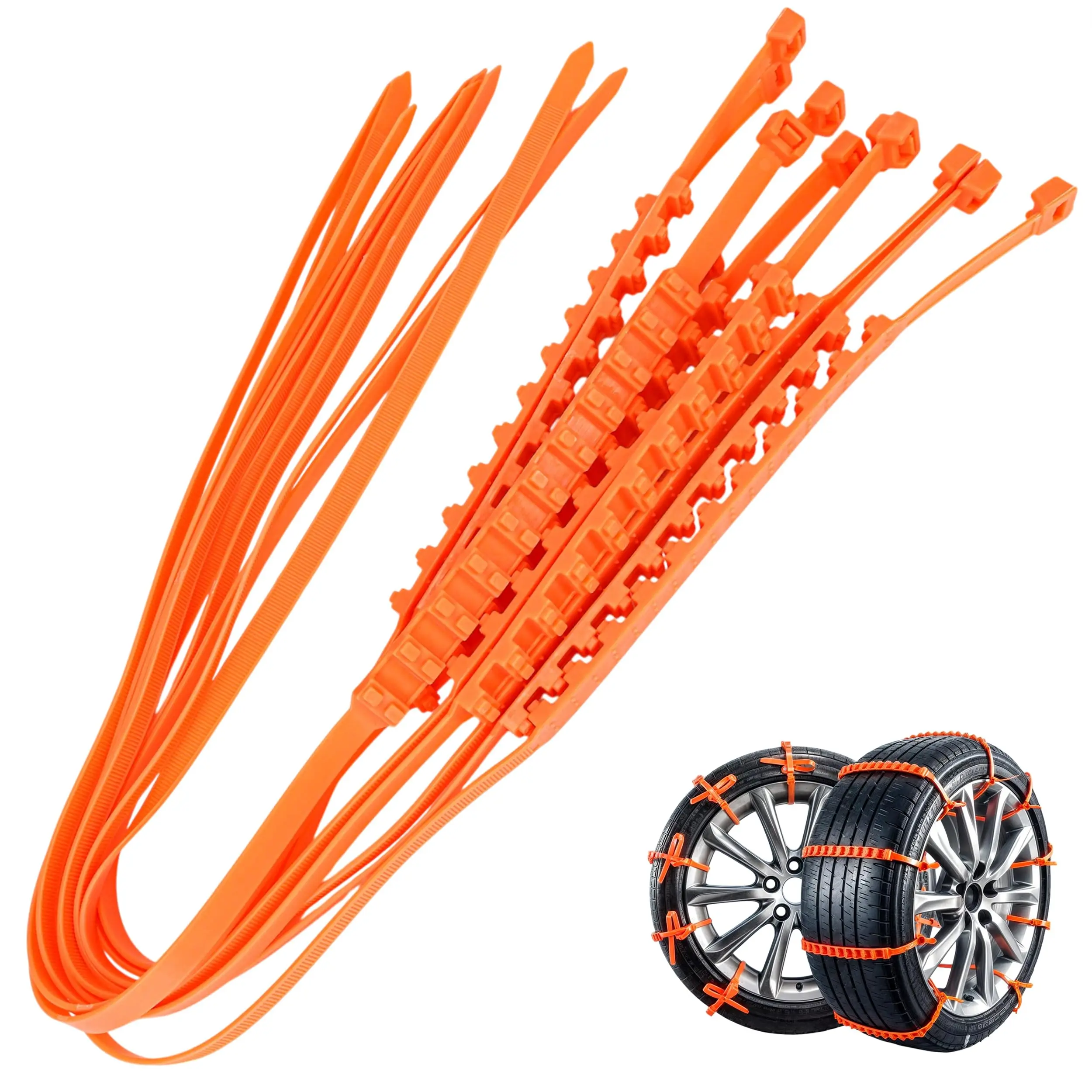 Reusable Snow Tire Chains, 10/20-Pack Orange Emergency Tire Zip Ties for Snow & Ice - Anti-Skid Traction for Cars, SUVs, Trucks