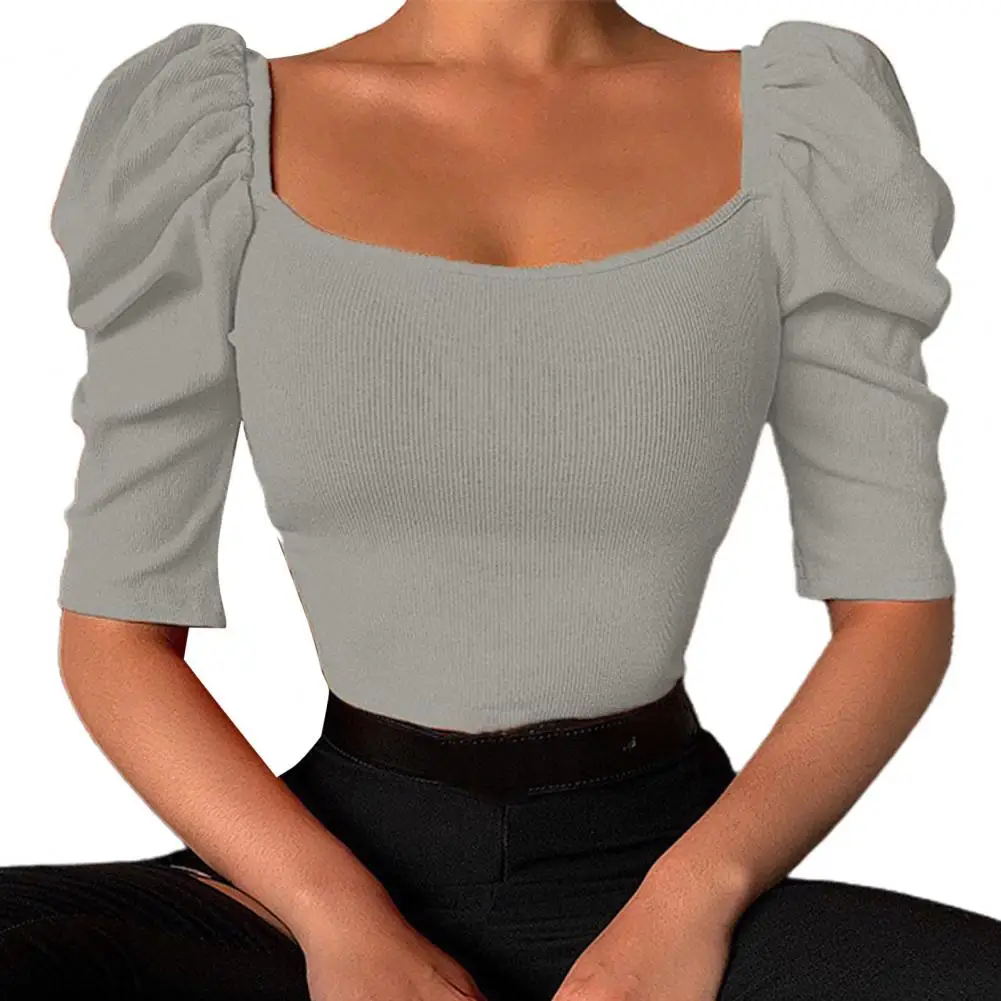 Elastic Women Top Fine Workmanship Cotton Blend Half Puff Sleeve Short T-shirt Soft Wear Solid Pullover Top Blusa Femenina