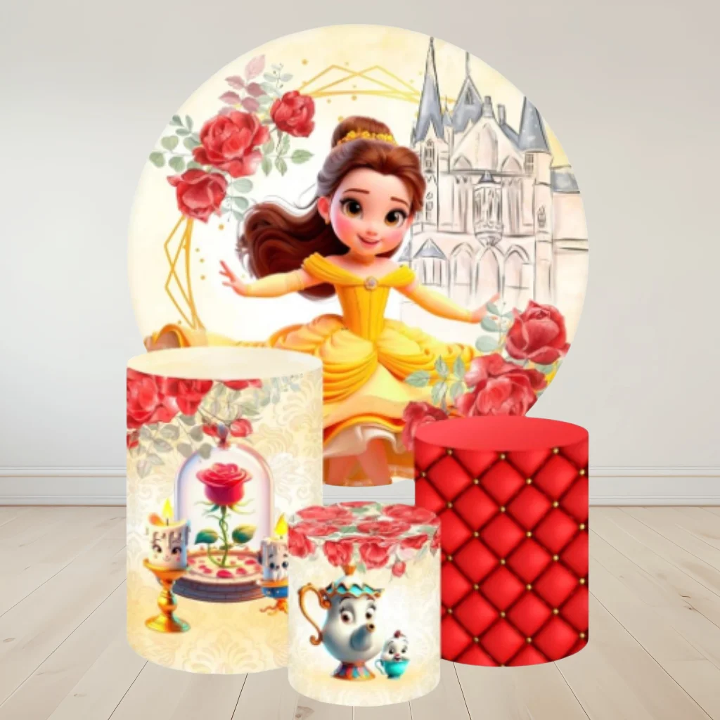 Beauty And The Beast Belle Round Backdrop 3 Cylinder Cover 4 Piece Background Photography Princess Birthday Party Dessert Table