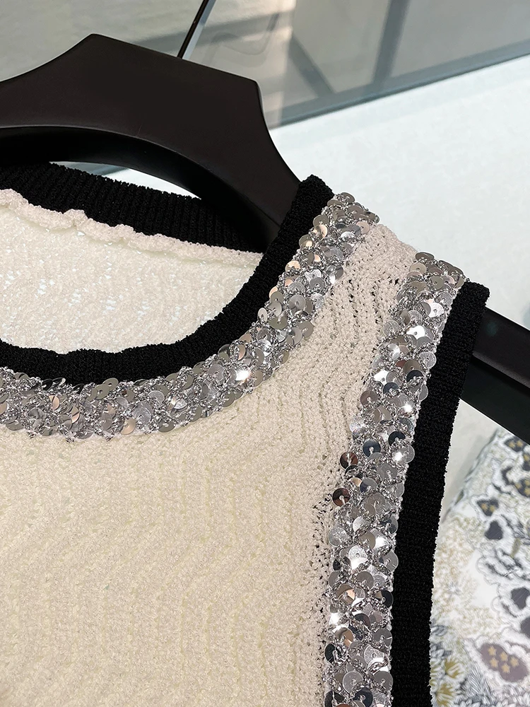 

High-End Casual Women's Knitted Vest Top Heavy Rhinestone Svel Straight Cut ort Length Pure Color Commute Sle