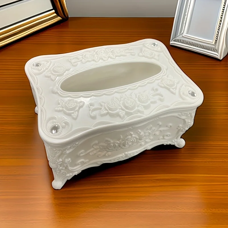 Elegant White Rose Pattern Tissue Box Holder- Square Plastic Napkin Dispenser