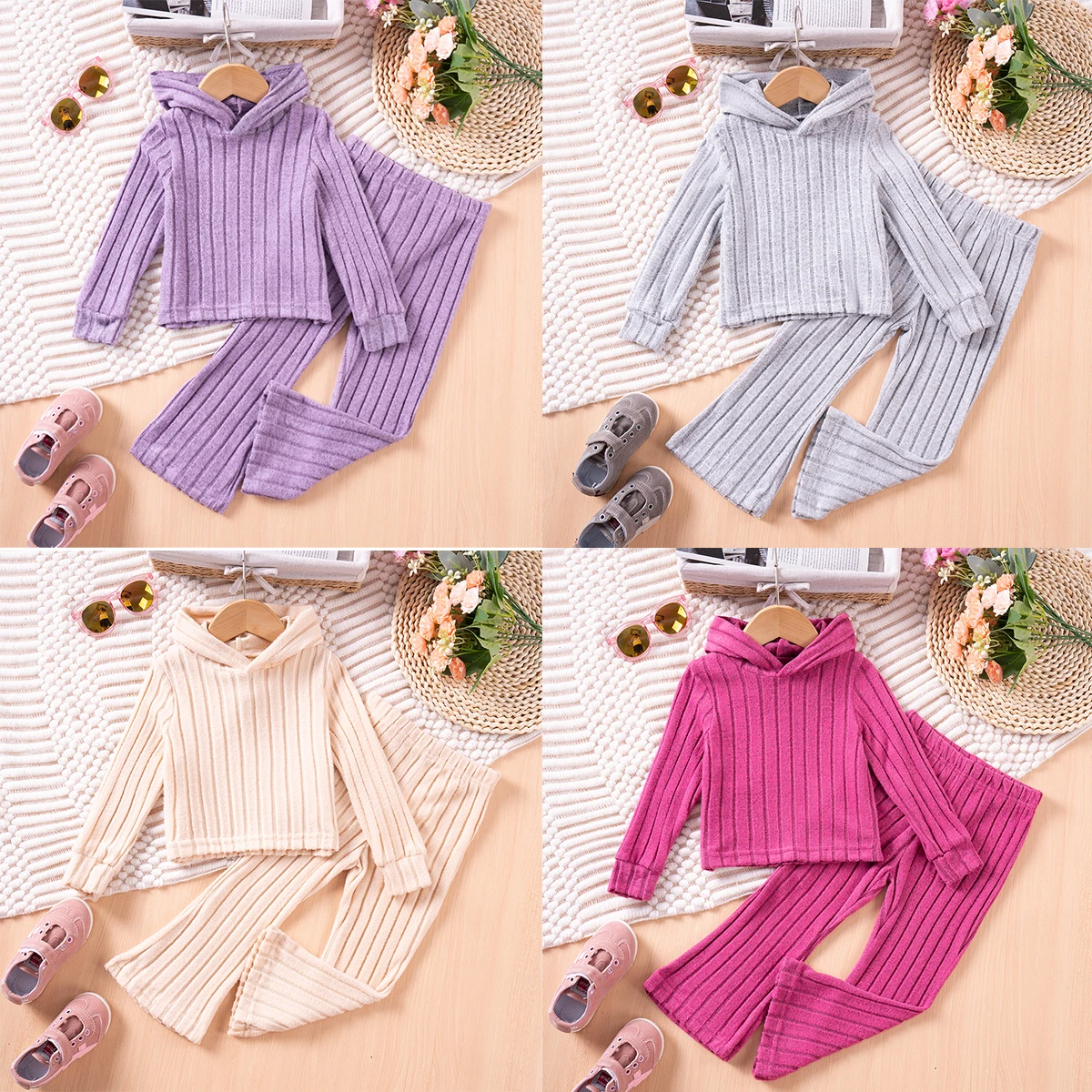 Baby Spring/autumn Suit Toddler Knitted Clothing Solid Color Children\'s Two-piece Hooded Long-sleeved Top+trousers Skin-friendly