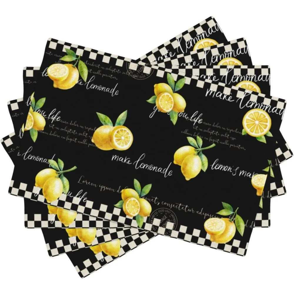 Summer Lemon Placemats 4 Pcs,Buffalo Plaid Lemon Summer Seasonal Decoration Rustic Farmhouse Design Table Place Mats Non-Slip