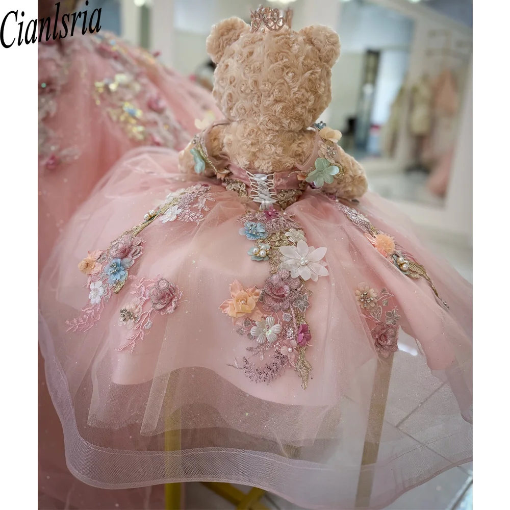 Pink  Personalized Quinceanera Teddy Bear Dress Beaded Exquisite Flowers Appliques Robe De Bal Customized
