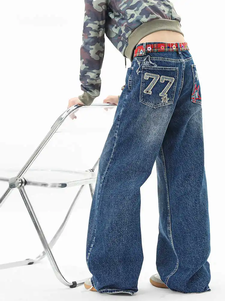 

Women's Blue Baggy Y2k Star Embroidery Jeans Japanese 2000s Style Jean Pants 90s Vintage Harajuku Oversize Denim Trousers Autumn