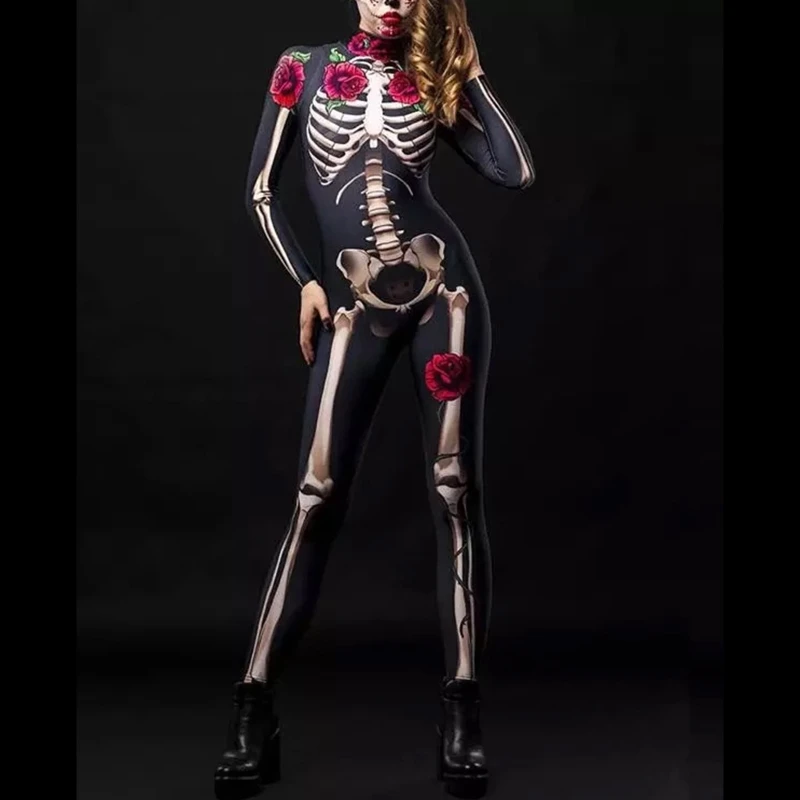 Mulheres halloween cosplay macacões engraçado esqueleto bodysuit 3d estiramento magro macacão uma peça roupa catsuit para adultos